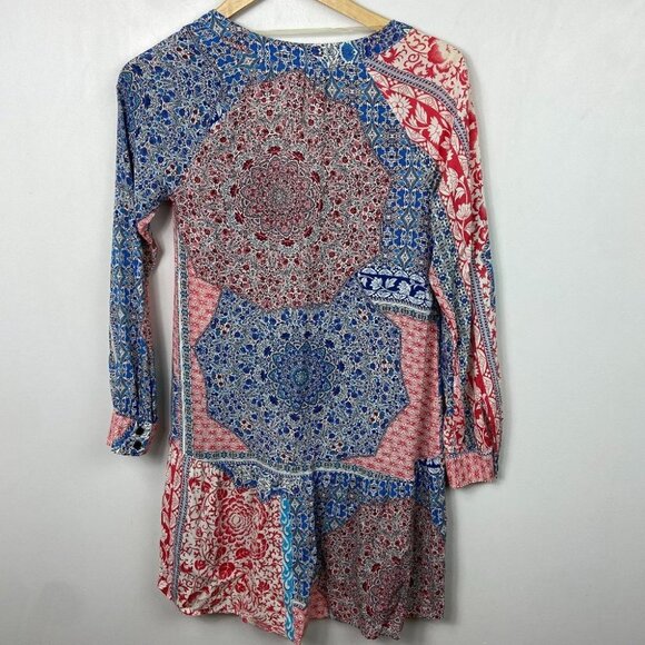Sanctuary Bohemian Patchwork Print Blue Pink Long Sleeve Shift Dress Festival XS - Picture 13 of 13